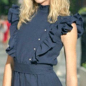 ANTHROPOLOGIE Vanessa Barrantes for Shumaq Millma Belted Ruffle Dress Navy  sz2